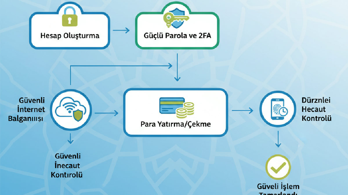 Online bahis platformlarında finansal işlemlerin güvenli adımlarını gösteren detaylı bir akış şeması.